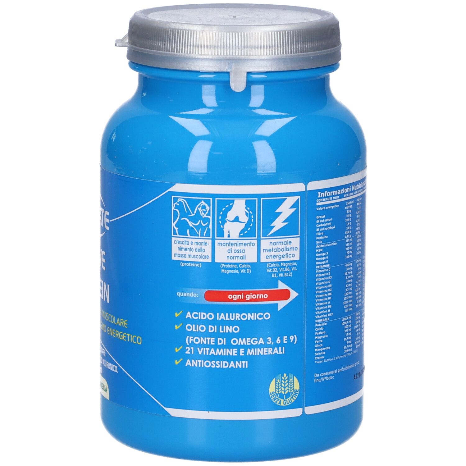 Barattolo blu con testo e illustrazioni. Coperchio argentato. Contiene acido ialuronico, Omega 3, 6, 9 e vitamine.