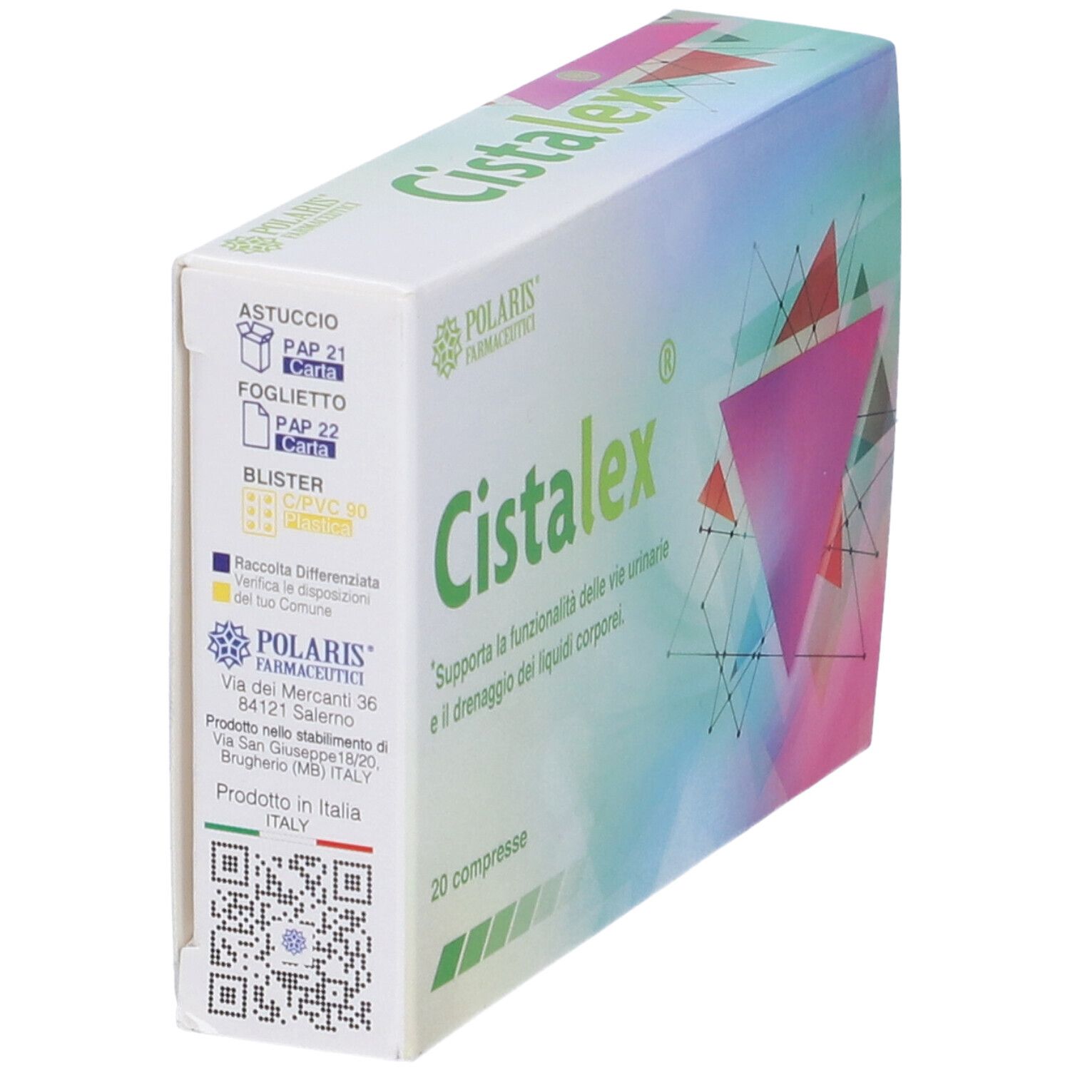 Scatola, vista laterale. Nome del prodotto, 20 compresse. Informazioni sulla confezione.