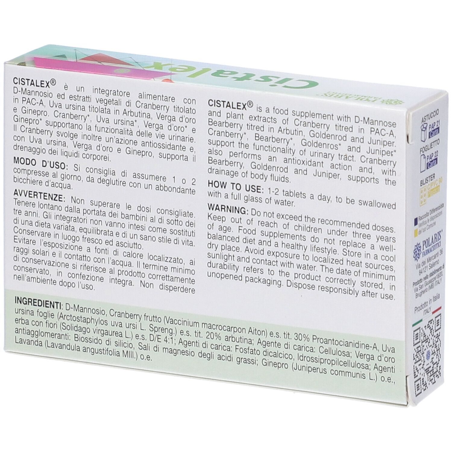 Retro della scatola. Testo sugli ingredienti e l'uso. Informazioni del produttore.