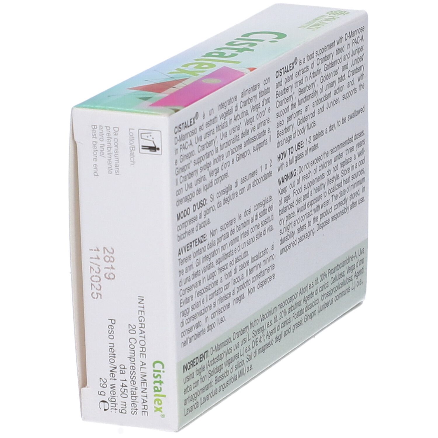 Scatola, in diagonale. Testo sugli ingredienti e l'uso. Data di scadenza.