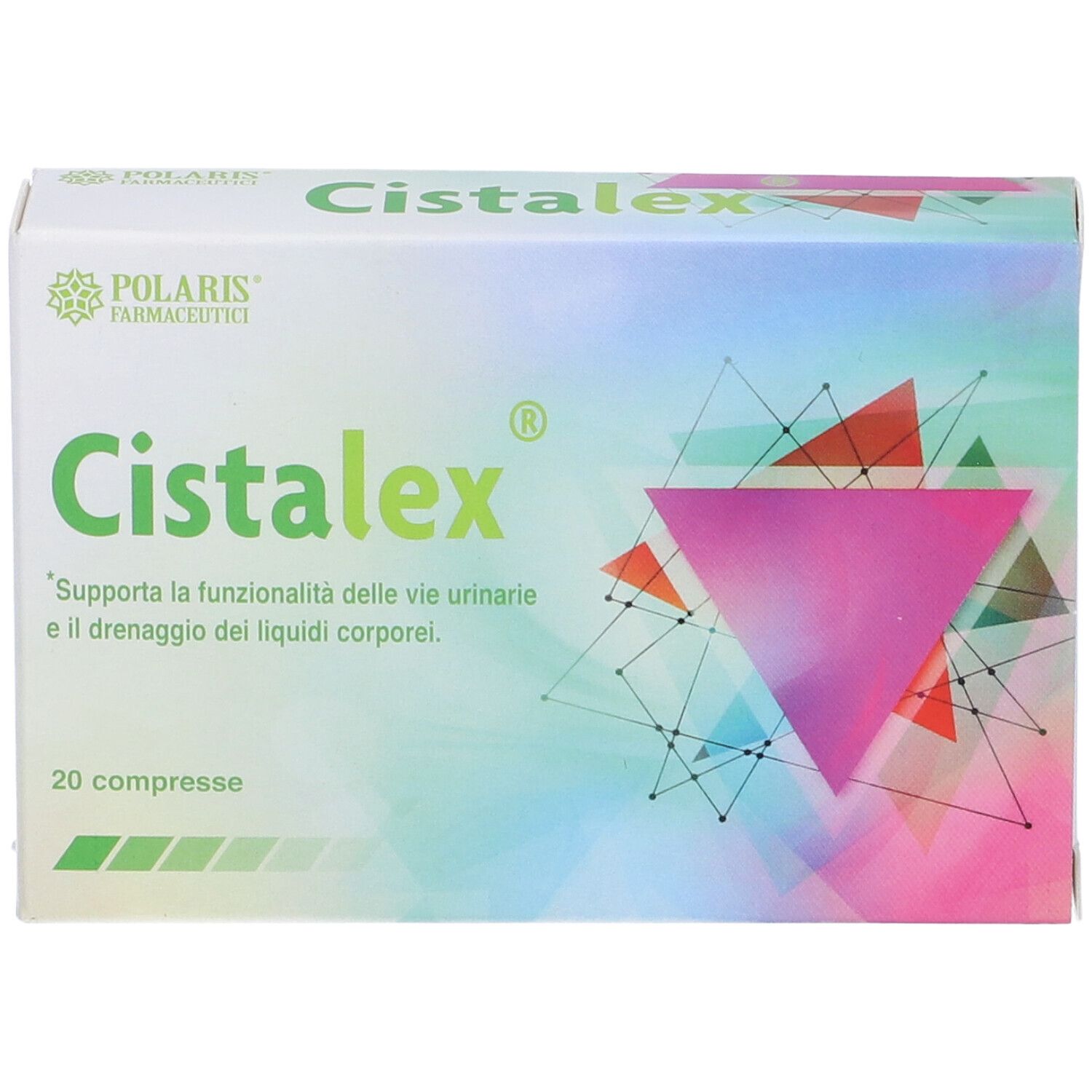 Scatola con nome del prodotto e 20 compresse. Design colorato con triangoli.