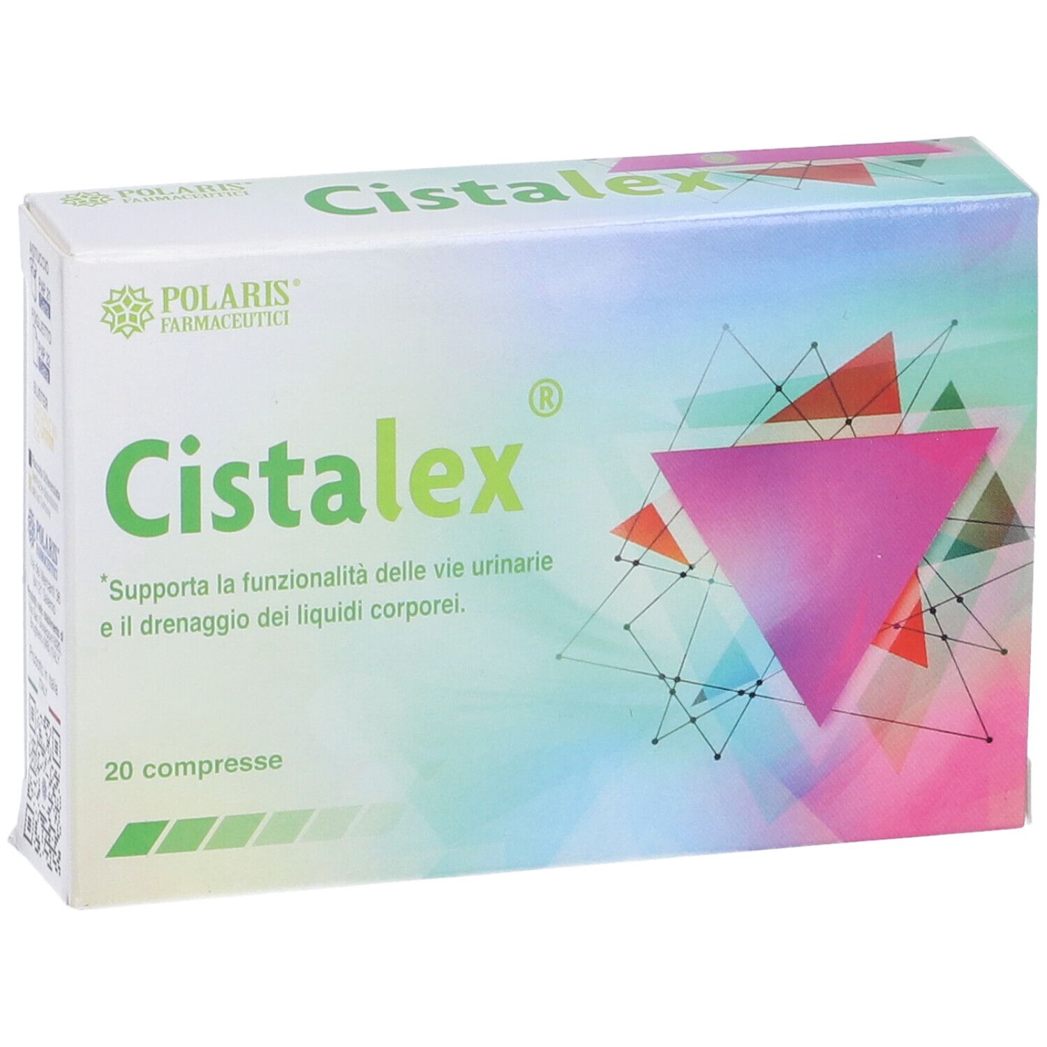 Scatola con nome del prodotto e 20 compresse. Design colorato con triangoli.