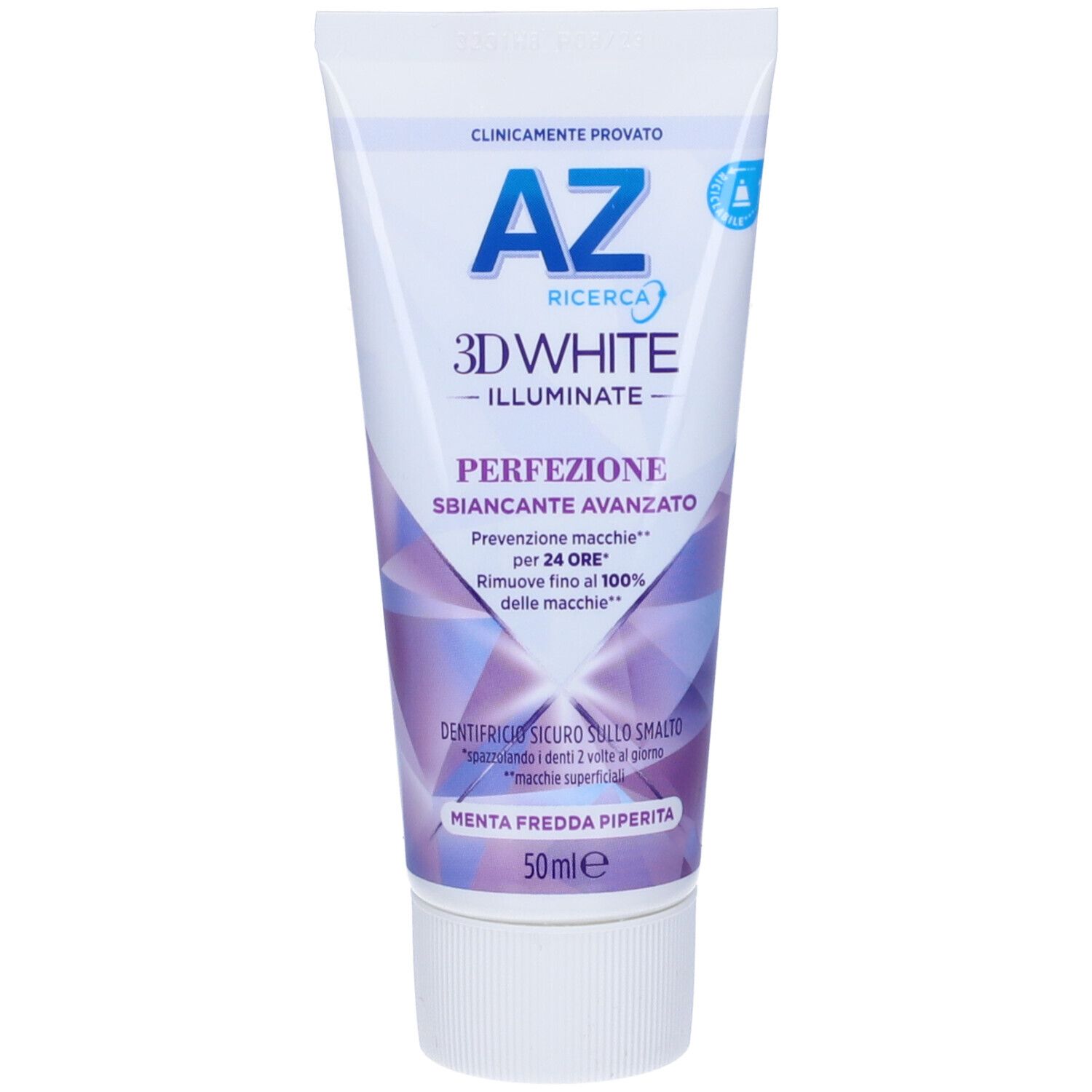 Tubo di dentifricio AZ 3DWhite Illuminate Perfezione. Bianco, design blu e viola. 50ml.