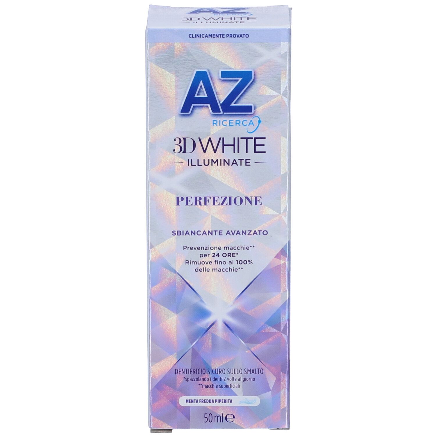 Confezione dentifricio AZ 3DWhite Illuminate Perfezione. Design bianco, viola e blu. 50ml.