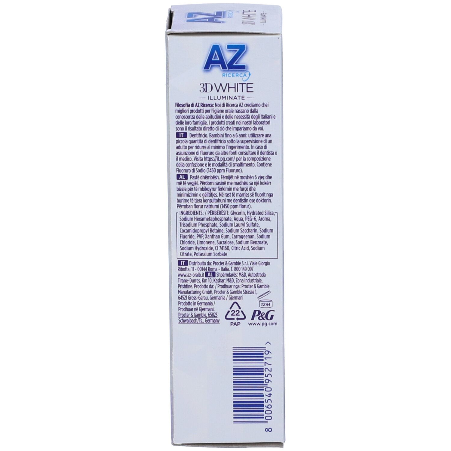 Retro della confezione del dentifricio. Testo multilingue. Informazioni sul prodotto.