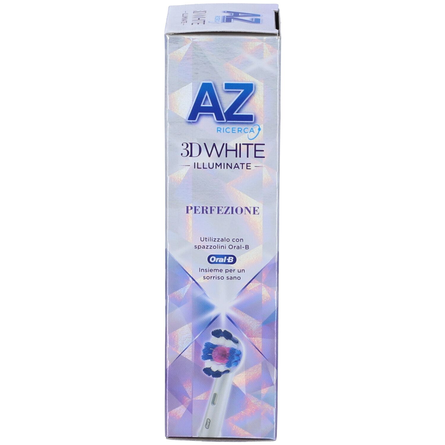 Confezione dentifricio AZ 3DWhite Illuminate Perfezione. Raccomandazione per spazzolino Oral-B.