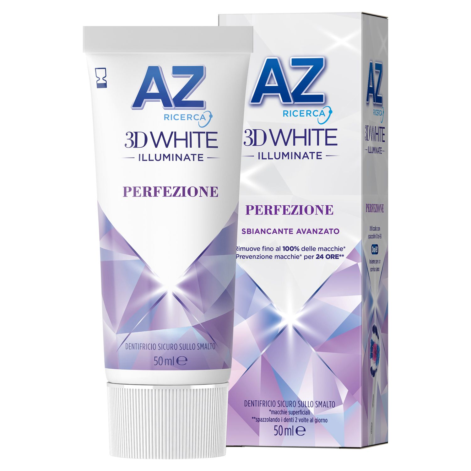 Dentifricio e confezione AZ 3DWhite Illuminate Perfezione. Tubo e scatola. 50ml.