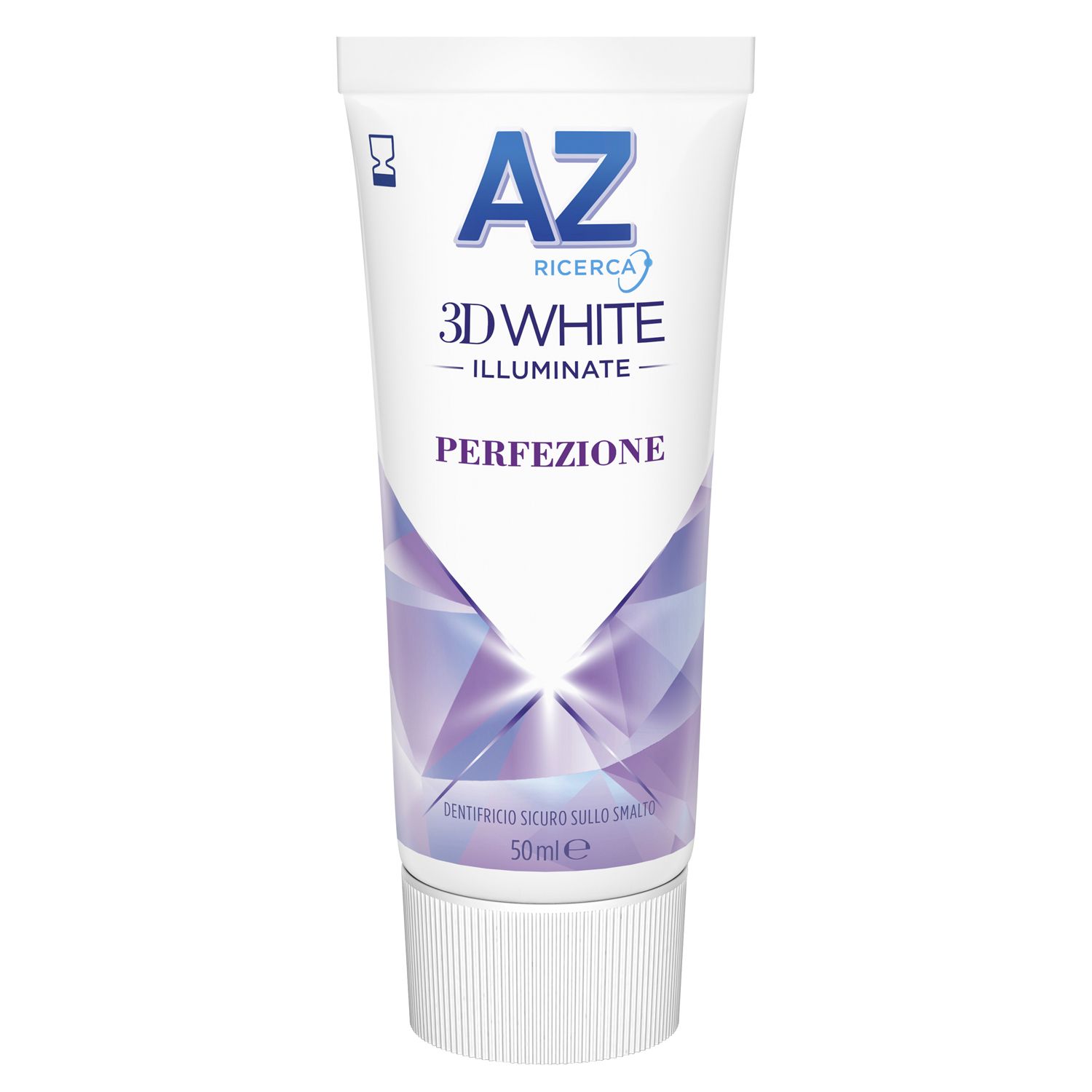 Tubo di dentifricio AZ 3DWhite Illuminate Perfezione. Bianco, design blu e viola. 50ml.