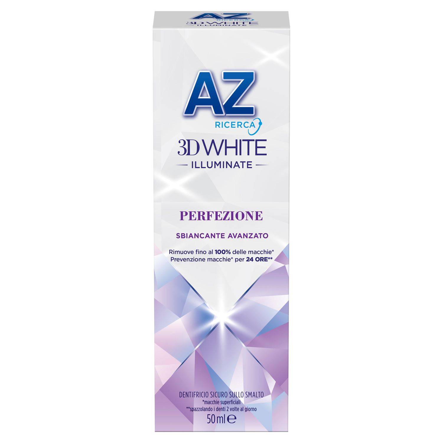 Confezione dentifricio AZ 3DWhite Illuminate Perfezione. Design bianco, viola e blu. 50ml.