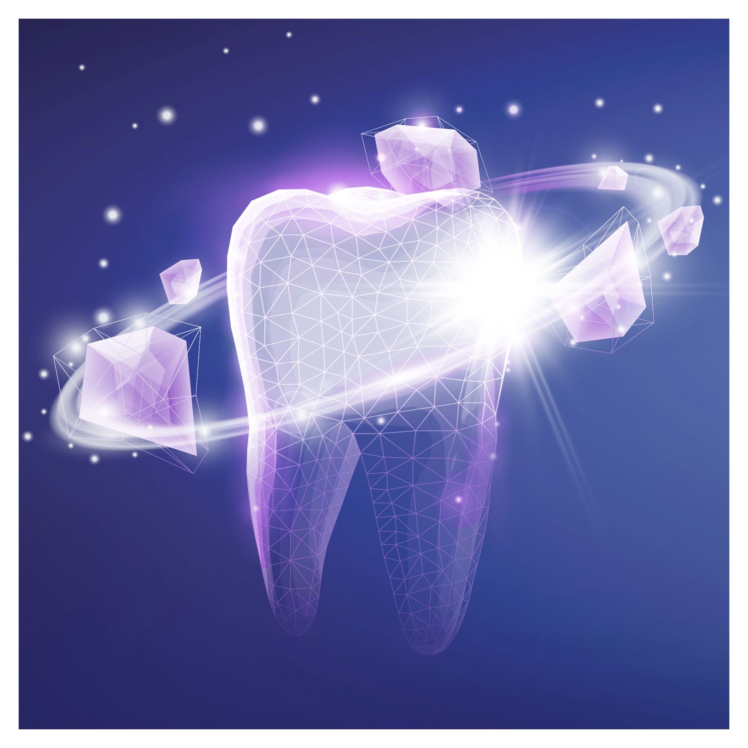 Rappresentazione grafica di un dente con cristalli ed effetti luce su sfondo blu.