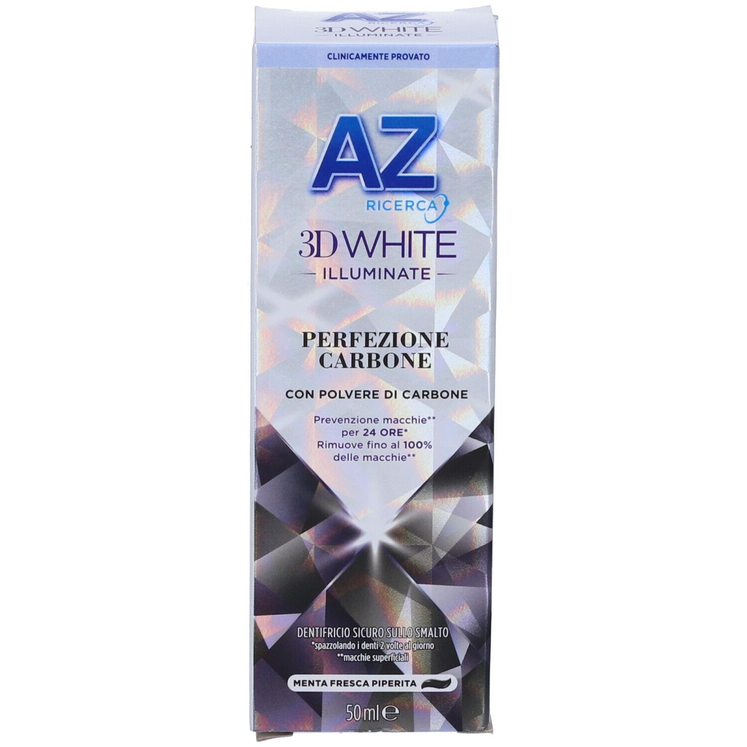 Scatola di dentifricio, bianca con testo blu. Scritto: AZ 3DWhite Illuminate Perfezione Carbone. Gusto menta fresca.