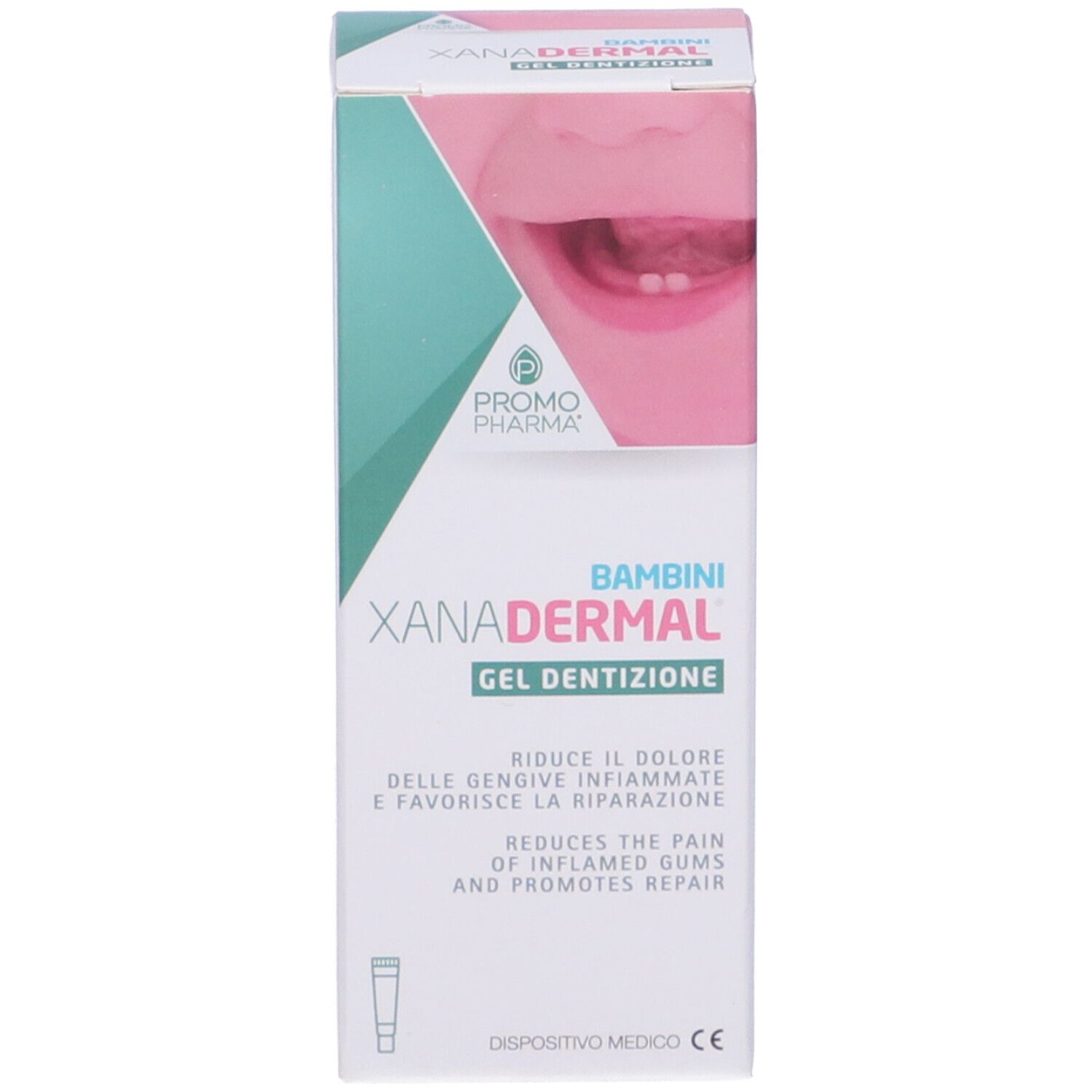 Confezione del prodotto, scatola. Testo: Xanadermal Gel Dentizione. Dispositivo medico.