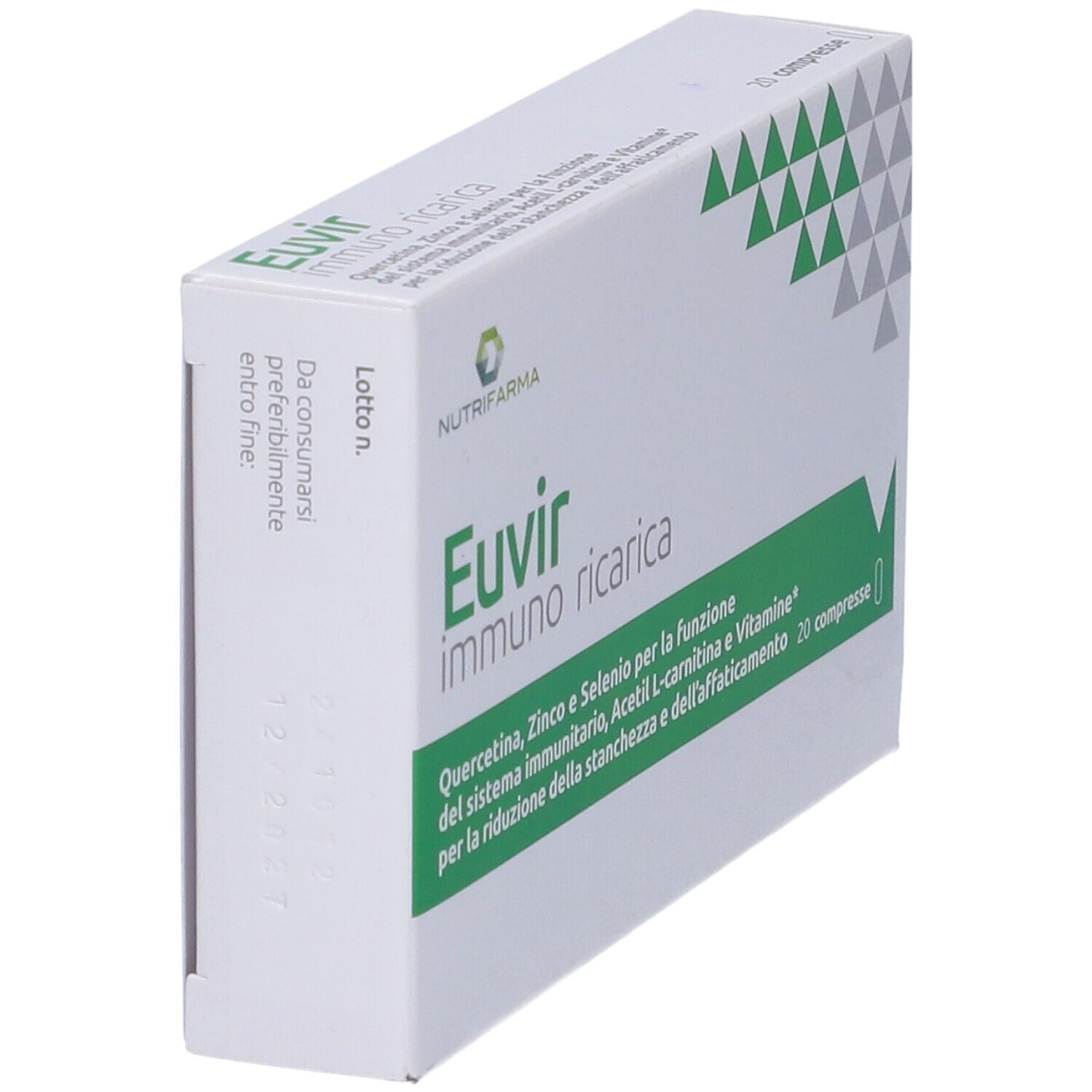 Scatola bianca, vista laterale. Scritto: Euvir immuno ricarica. 20 compresse. Marchio Nutrifarma. Data di scadenza.