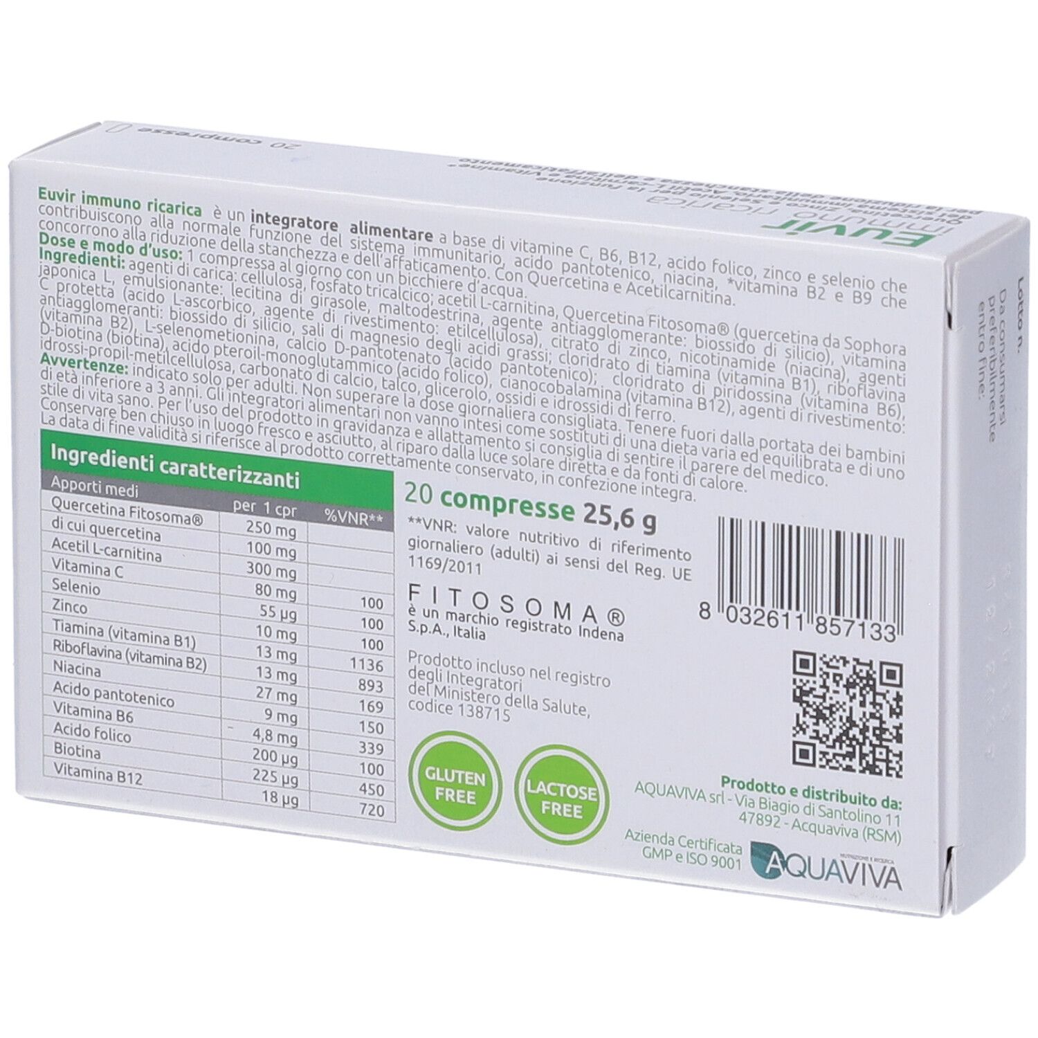 Retro della scatola bianca. Scritto: Euvir immuno ricarica. Elenco ingredienti, informazioni nutrizionali, senza glutine e lattosio.