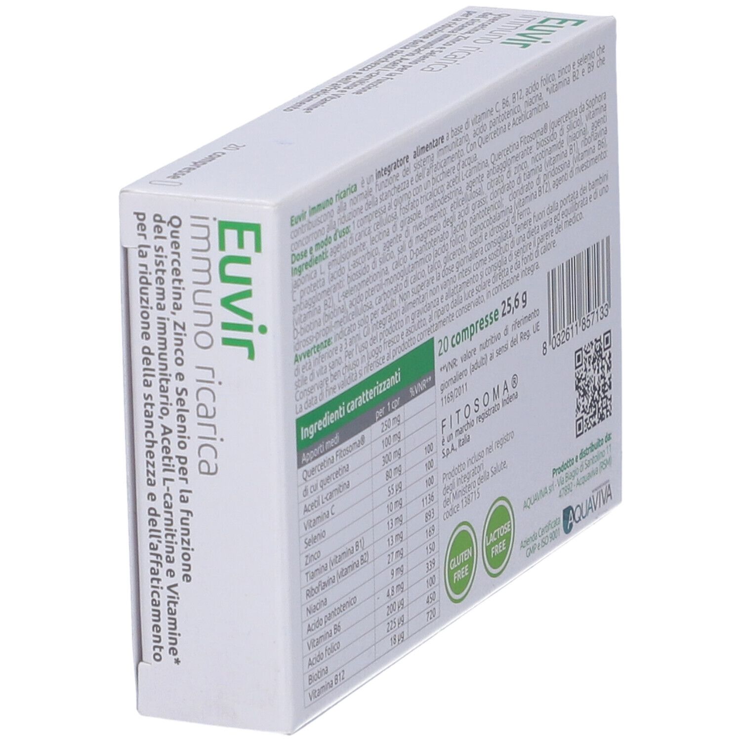 Scatola, vista obliqua dall'alto. Scritto: Euvir immuno ricarica. Elenco ingredienti, informazioni nutrizionali, senza glutine e lattosio.