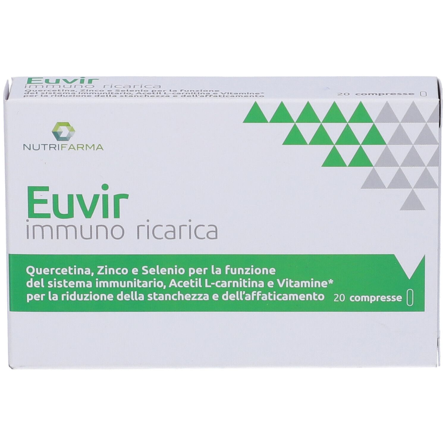Scatola bianca con banda verde. Scritto: Euvir immuno ricarica. 20 compresse. Marchio Nutrifarma.
