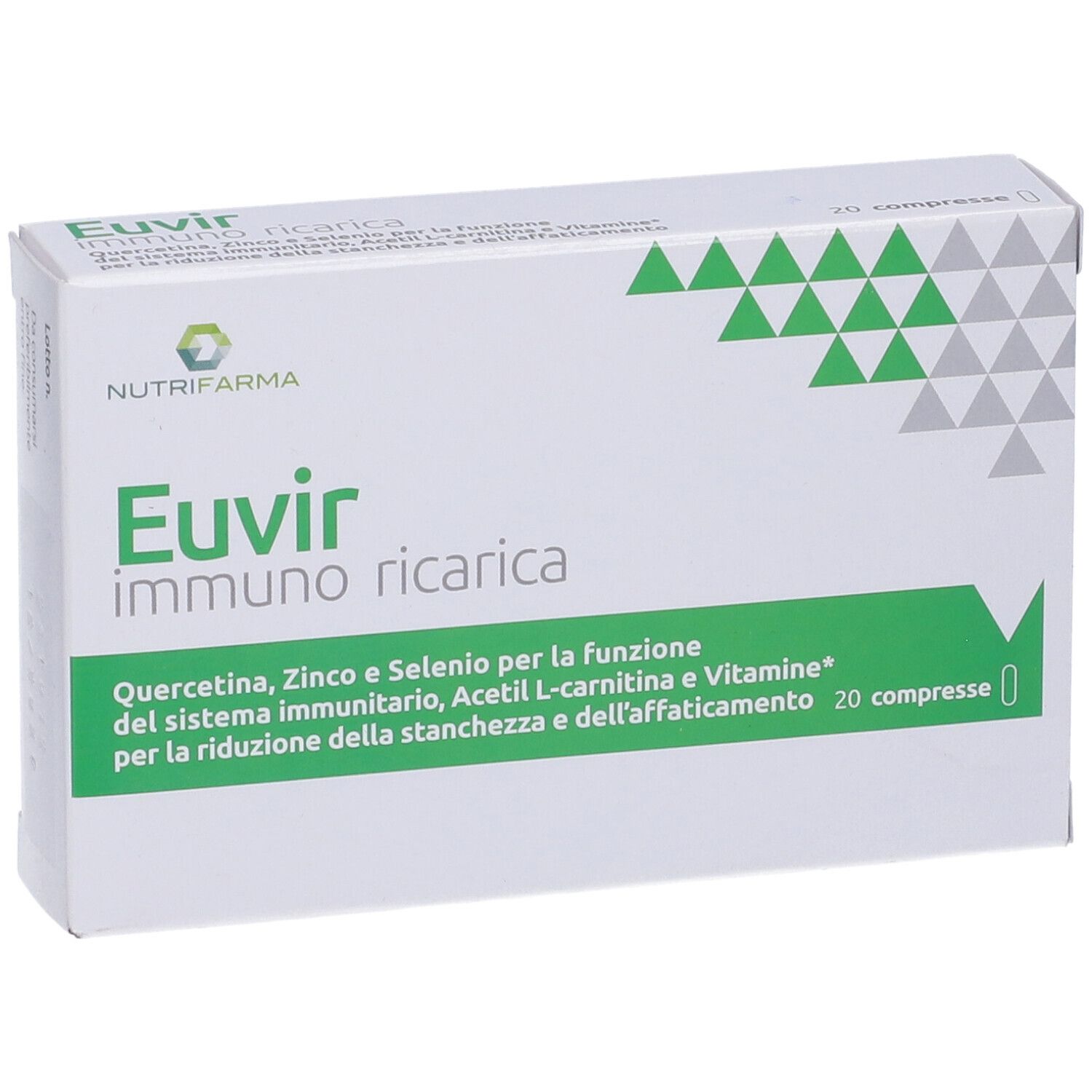 Scatola bianca con banda verde. Scritto: Euvir immuno ricarica. 20 compresse. Marchio Nutrifarma.