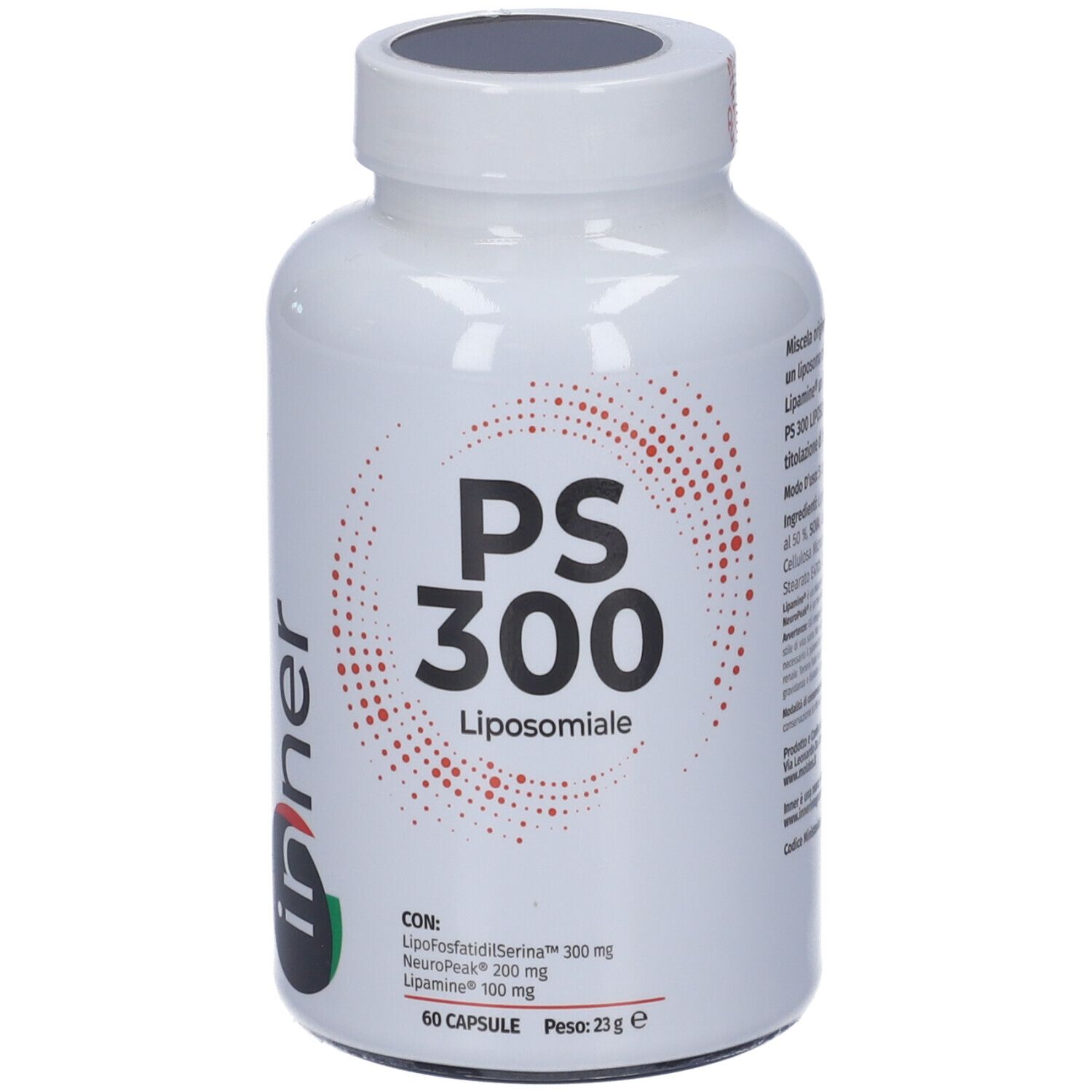 Flacone bianco con capsule. Scritta PS 300 Liposomiale. Contiene Lipofosfatidilserina, NeuroPeak e Lipamine.