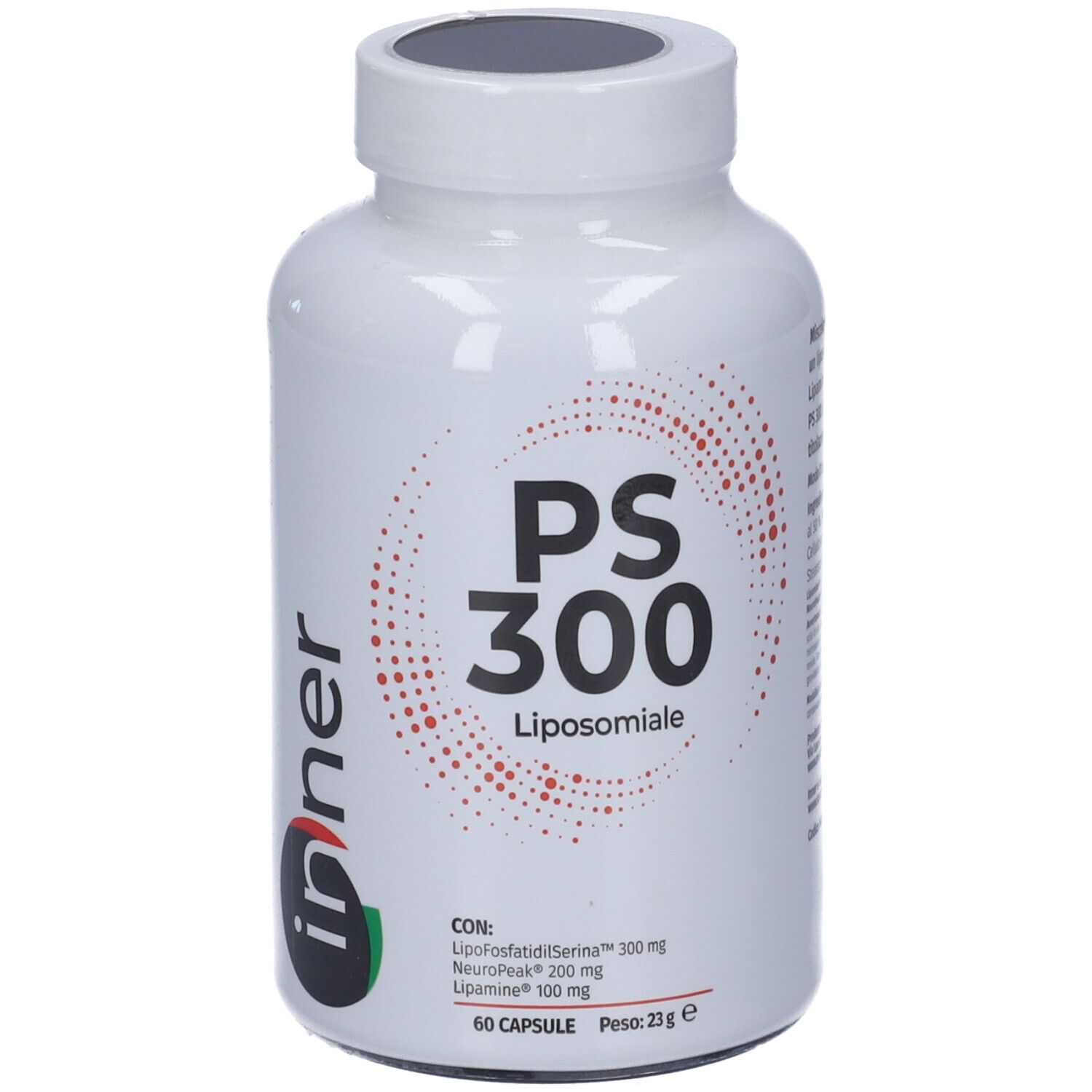 Flacone bianco con capsule. Scritta PS 300 Liposomiale. Contiene Lipofosfatidilserina, NeuroPeak e Lipamine.
