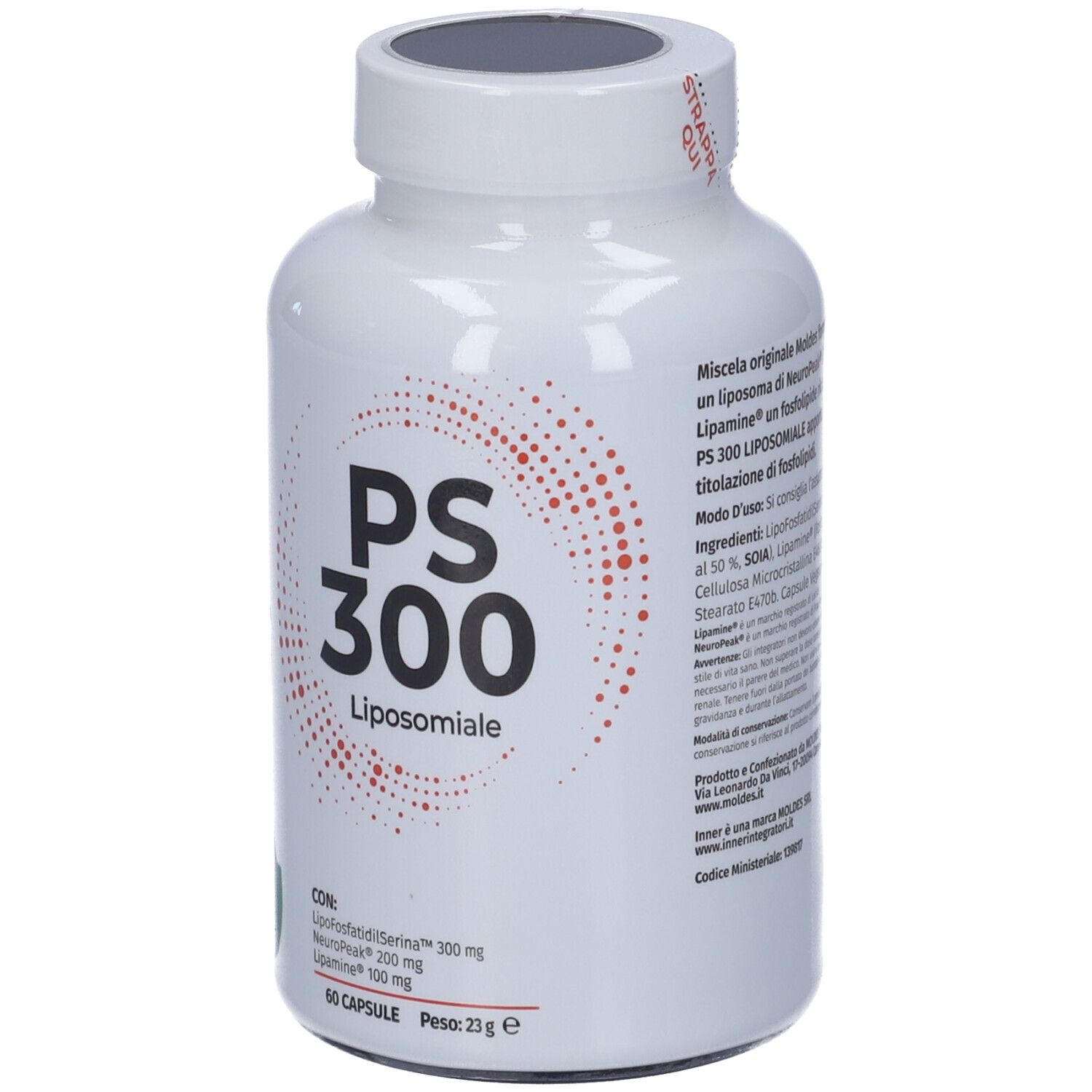 Flacone bianco con capsule. Scritta PS 300 Liposomiale. Contiene Lipofosfatidilserina, NeuroPeak e Lipamine.