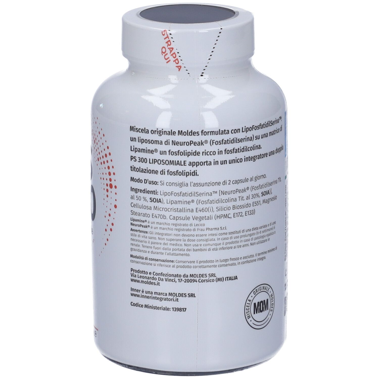 Flacone bianco con capsule. Scritta PS 300 Liposomiale. Contiene Lipofosfatidilserina, NeuroPeak e Lipamine.