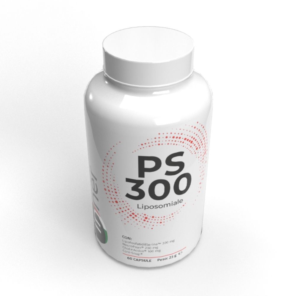 Flacone bianco con capsule. Scritta PS 300 Liposomiale. Contiene Lipofosfatidilserina, NeuroPeak e Lipamine.
