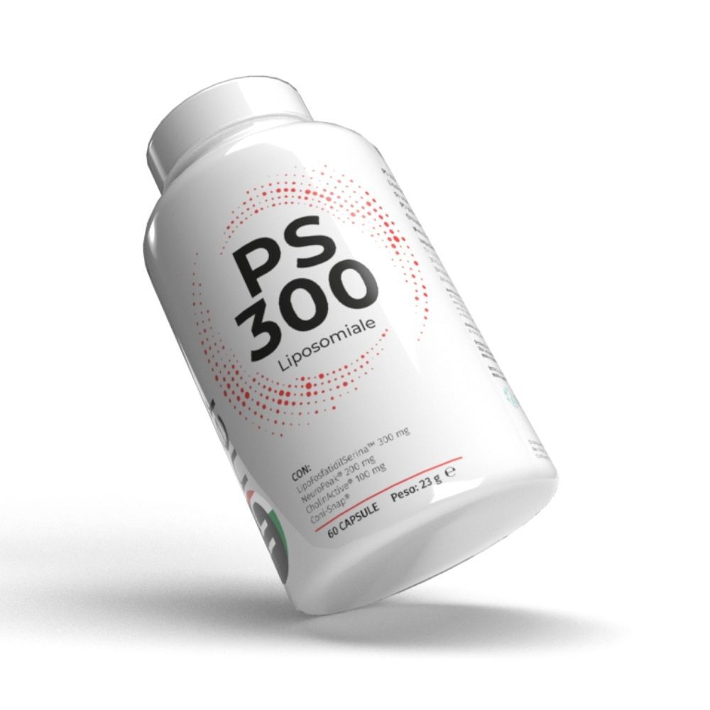Flacone bianco con capsule. Scritta PS 300 Liposomiale. Contiene Lipofosfatidilserina, NeuroPeak e Lipamine.