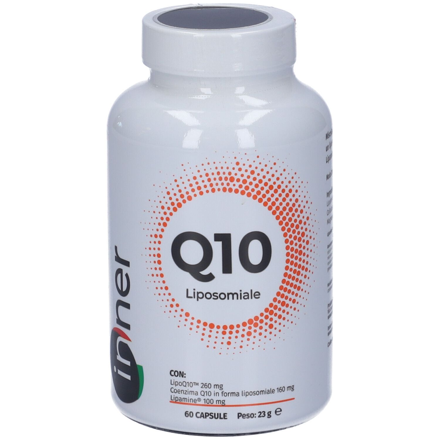 Flacone bianco con capsule. Scritta Q10 Liposomiale. Design arancione. 60 capsule. Peso 23g.