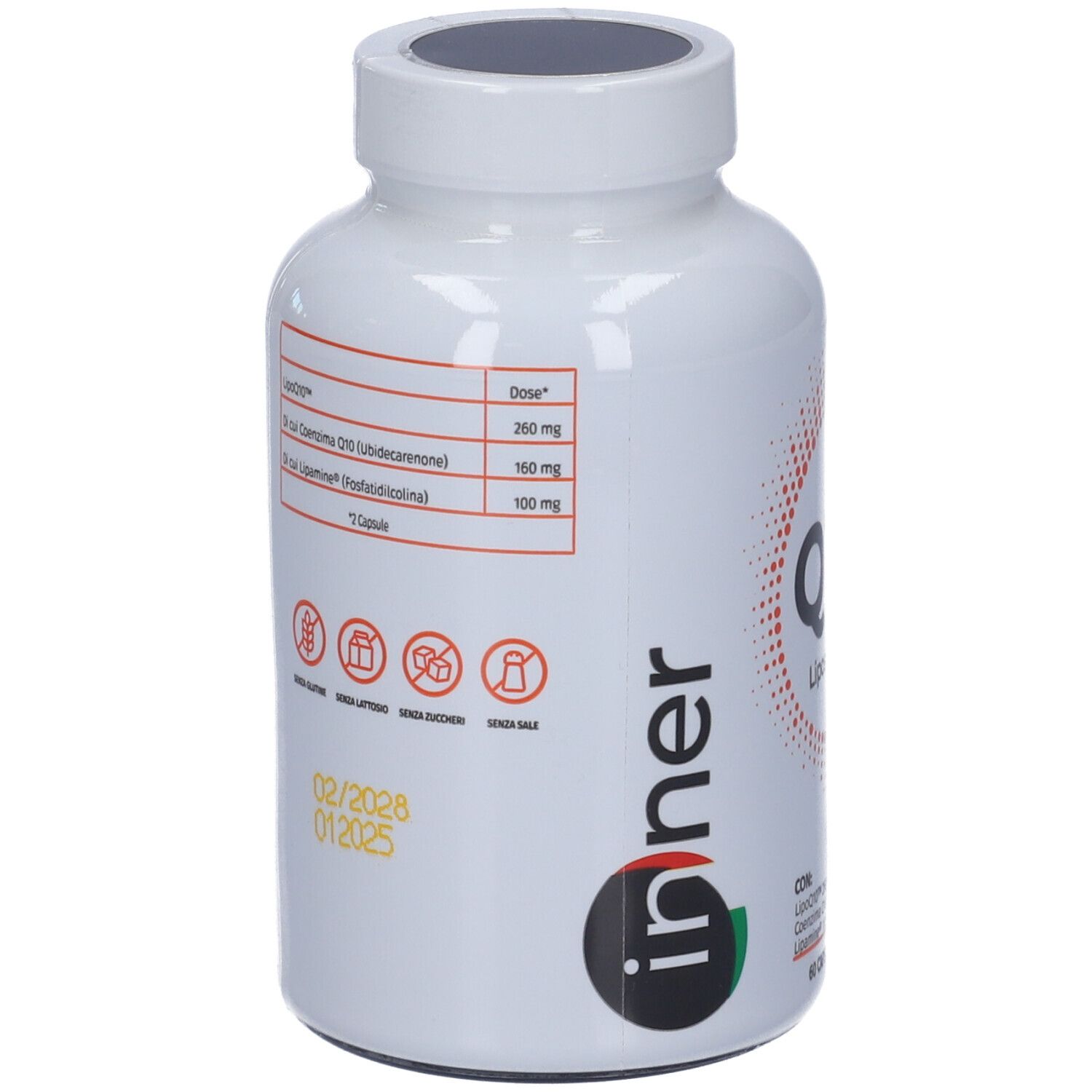 Retro flacone. Contiene informazioni nutrizionali, ingredienti e data di scadenza. Senza glutine, no OGM.
