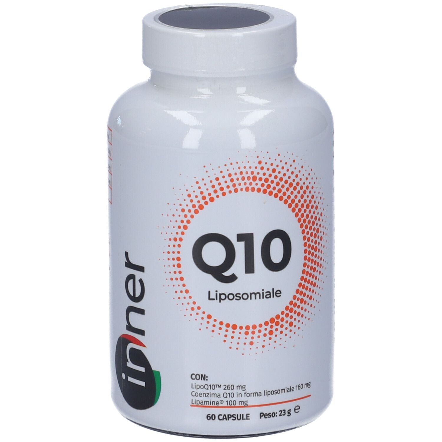 Flacone bianco con capsule. Scritta Q10 Liposomiale. Design arancione. 60 capsule. Peso 23g.