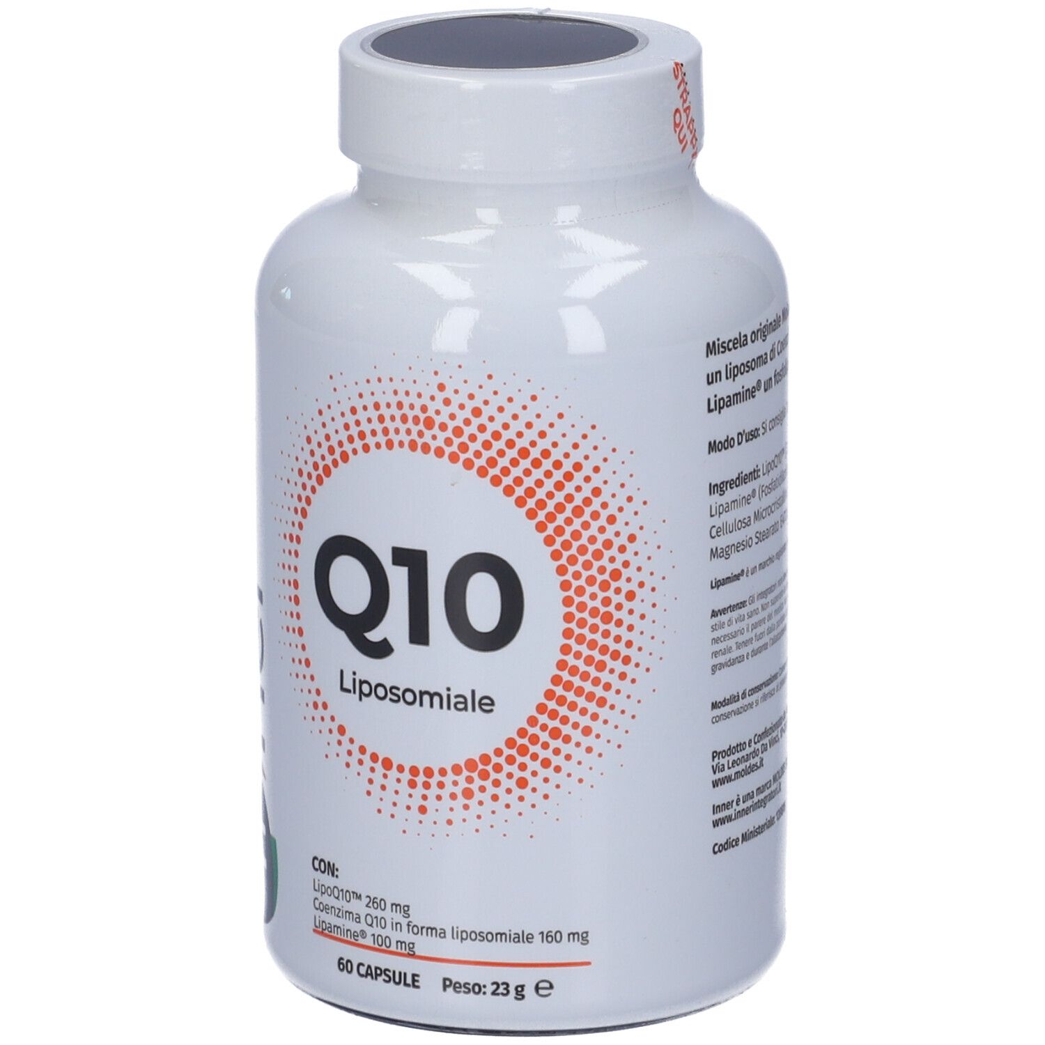 Flacone bianco con capsule. Scritta Q10 Liposomiale. Design arancione. 60 capsule. Peso 23g.