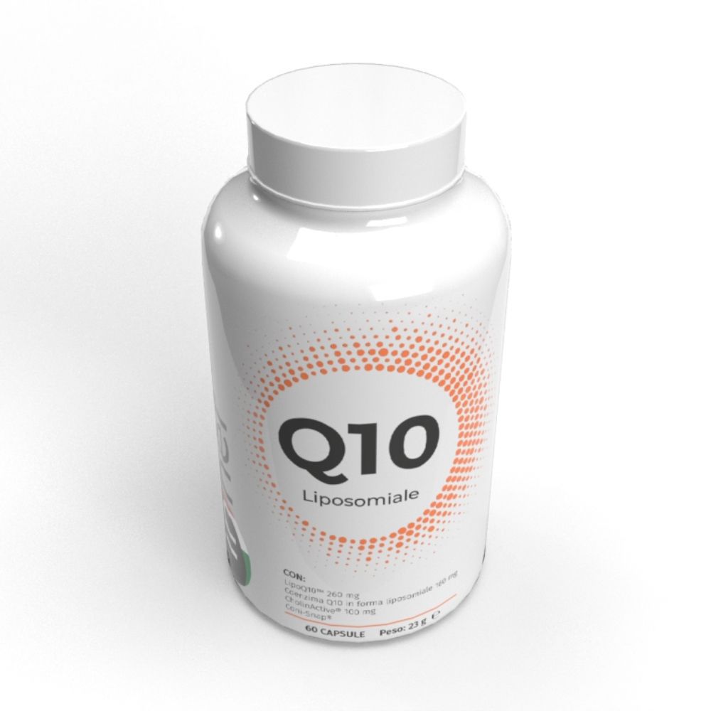 Flacone bianco con capsule. Scritta Q10 Liposomiale. Design arancione. 60 capsule. Peso 23g.