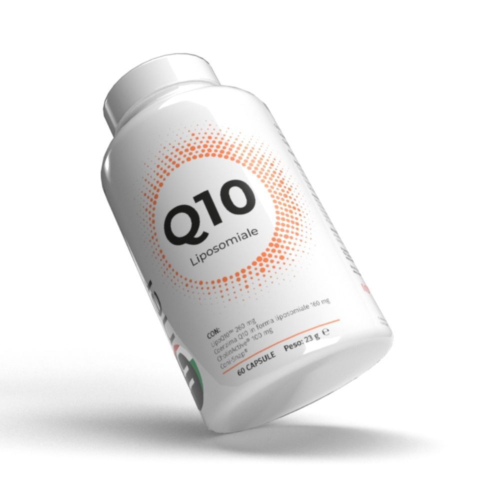 Flacone bianco con capsule. Scritta Q10 Liposomiale. Design arancione. 60 capsule. Peso 23g.
