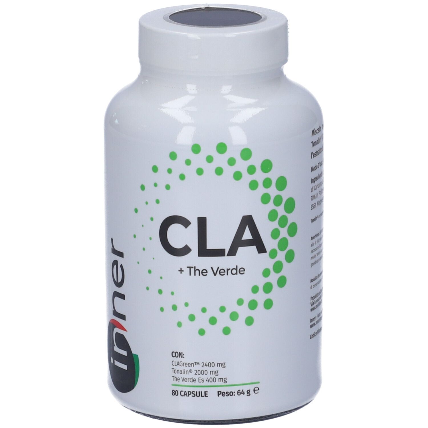 Flacone bianco con etichetta verde CLA + The Verde. Contiene 80 capsule. Scritta: CLA + The Verde.