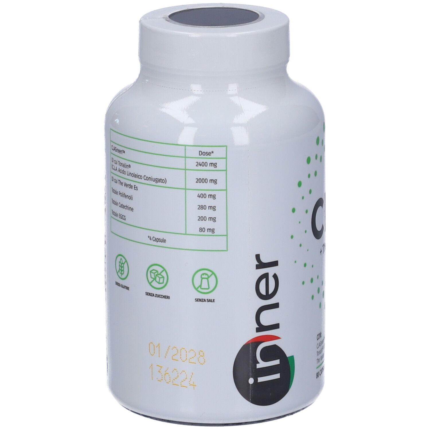 Retro del flacone bianco CLA + The Verde. Contiene informazioni sugli ingredienti e i valori nutrizionali.