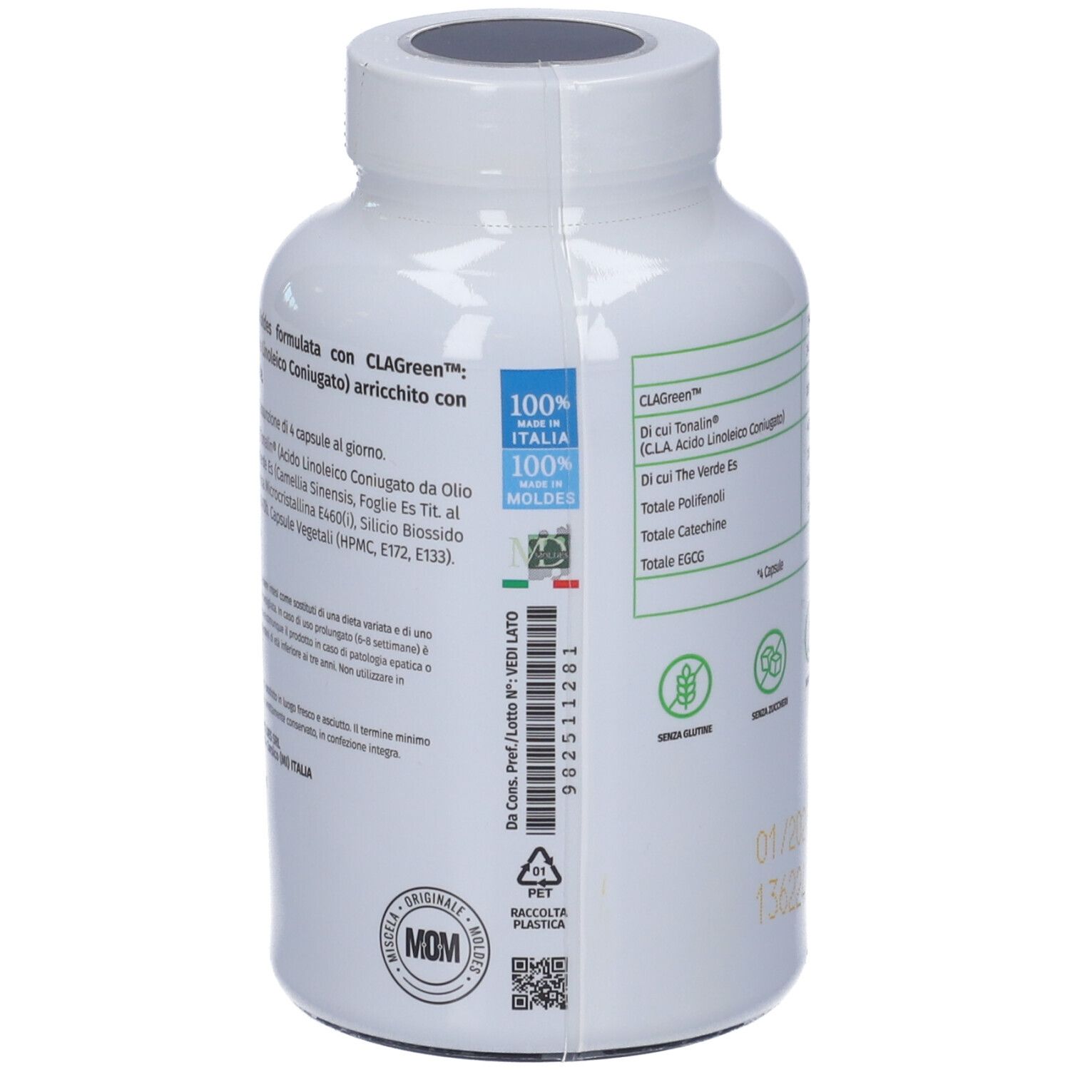 Retro del flacone bianco CLA + The Verde. Contiene informazioni sugli ingredienti e i valori nutrizionali.