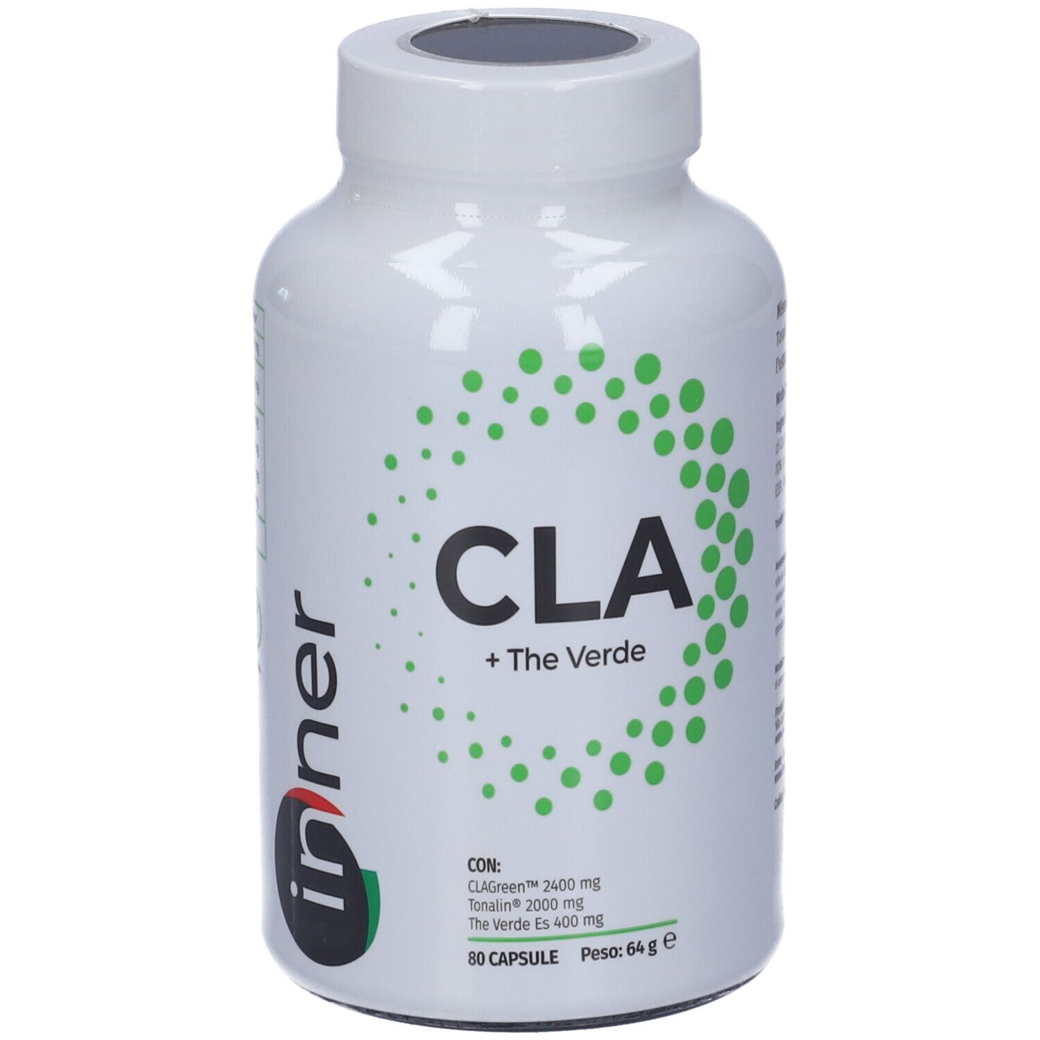 Flacone bianco con etichetta verde CLA + The Verde. Contiene 80 capsule. Scritta: CLA + The Verde.