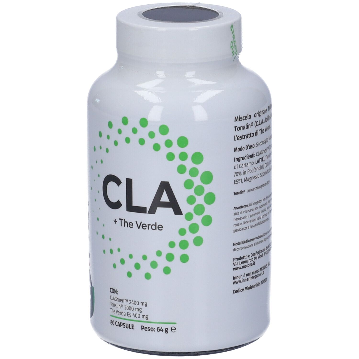 Flacone bianco con etichetta verde CLA + The Verde. Contiene 80 capsule. Scritta: CLA + The Verde.
