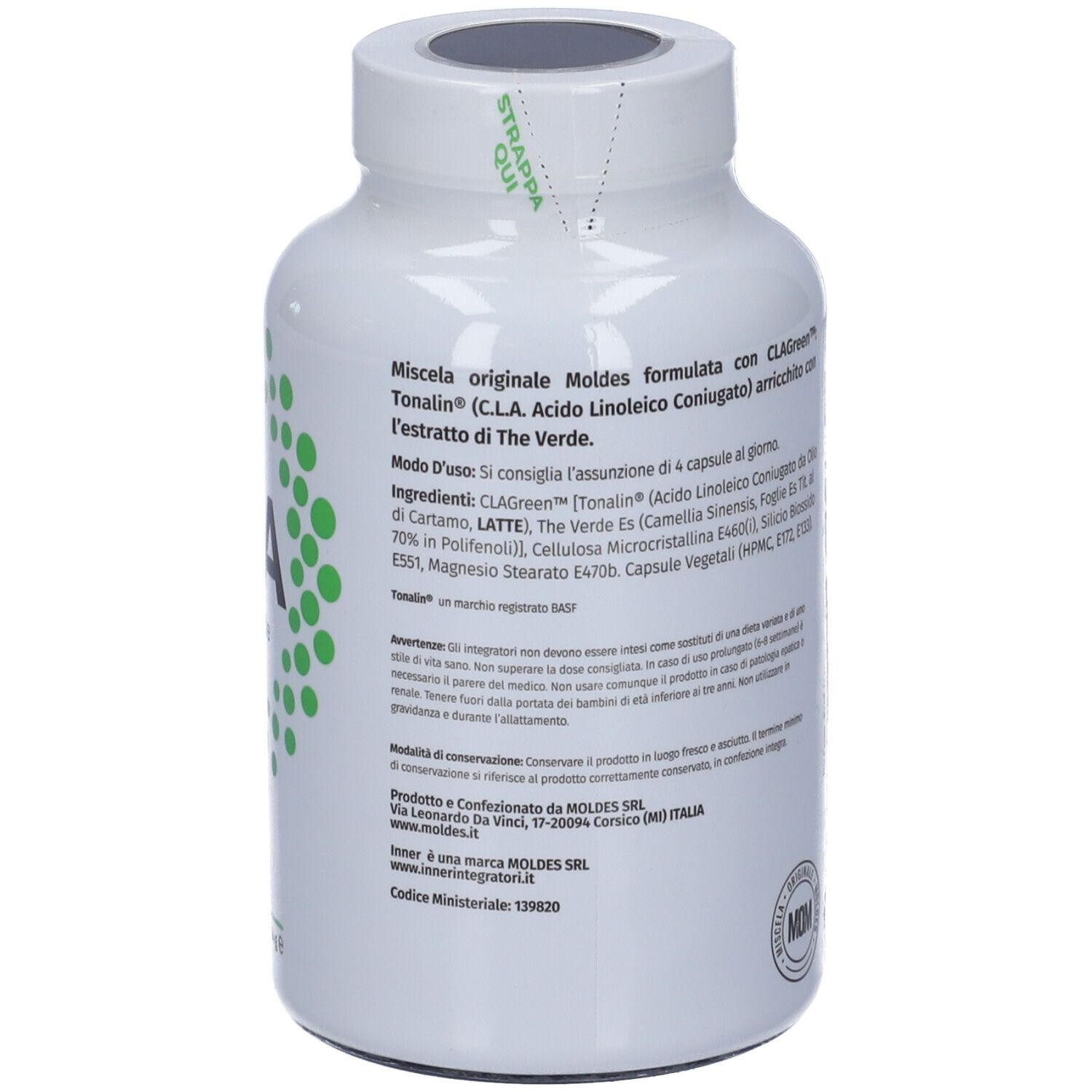 Retro del flacone bianco CLA + The Verde. Contiene informazioni sugli ingredienti e i valori nutrizionali.