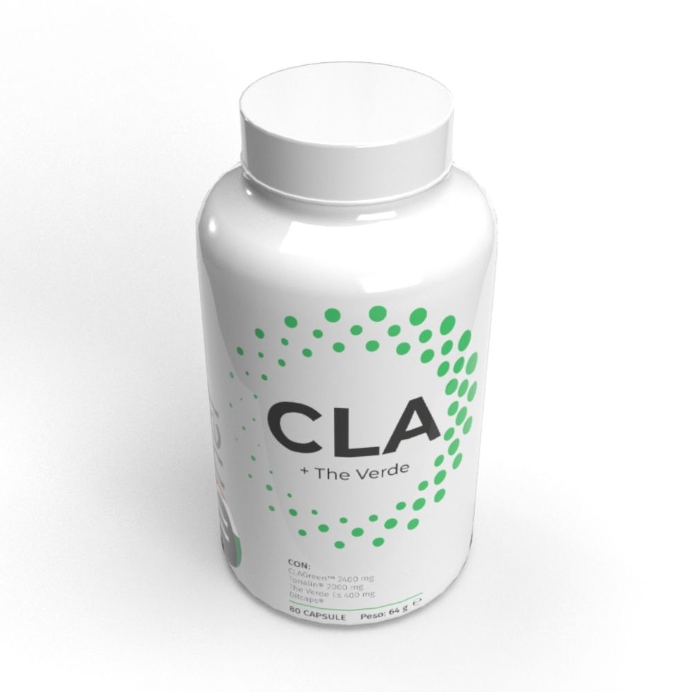 Flacone bianco con etichetta verde CLA + The Verde. Contiene 80 capsule. Scritta: CLA + The Verde.