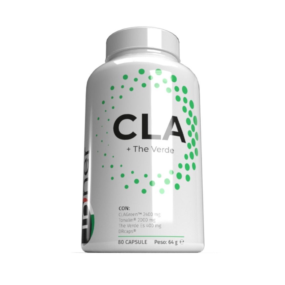 Flacone bianco con etichetta verde CLA + The Verde. Contiene 80 capsule. Scritta: CLA + The Verde.