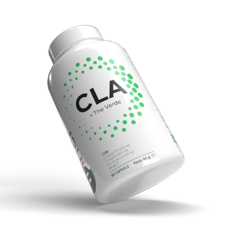 Flacone bianco con etichetta verde CLA + The Verde. Contiene 80 capsule. Scritta: CLA + The Verde.