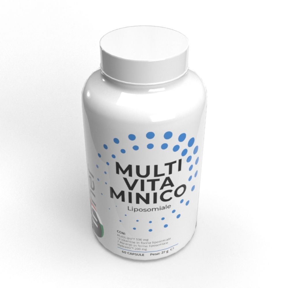 Flacone bianco con motivo a pois blu. Scritta: MULTI VITA MINICO Liposomiale. 60 capsule.
