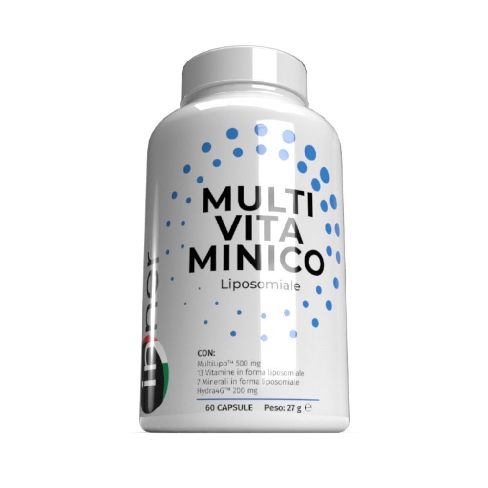 Flacone bianco con motivo a pois blu. Scritta: MULTI VITA MINICO Liposomiale. 60 capsule.