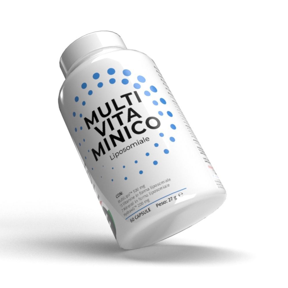 Flacone bianco inclinato con motivo a pois blu. Scritta: MULTI VITA MINICO Liposomiale. 60 capsule.