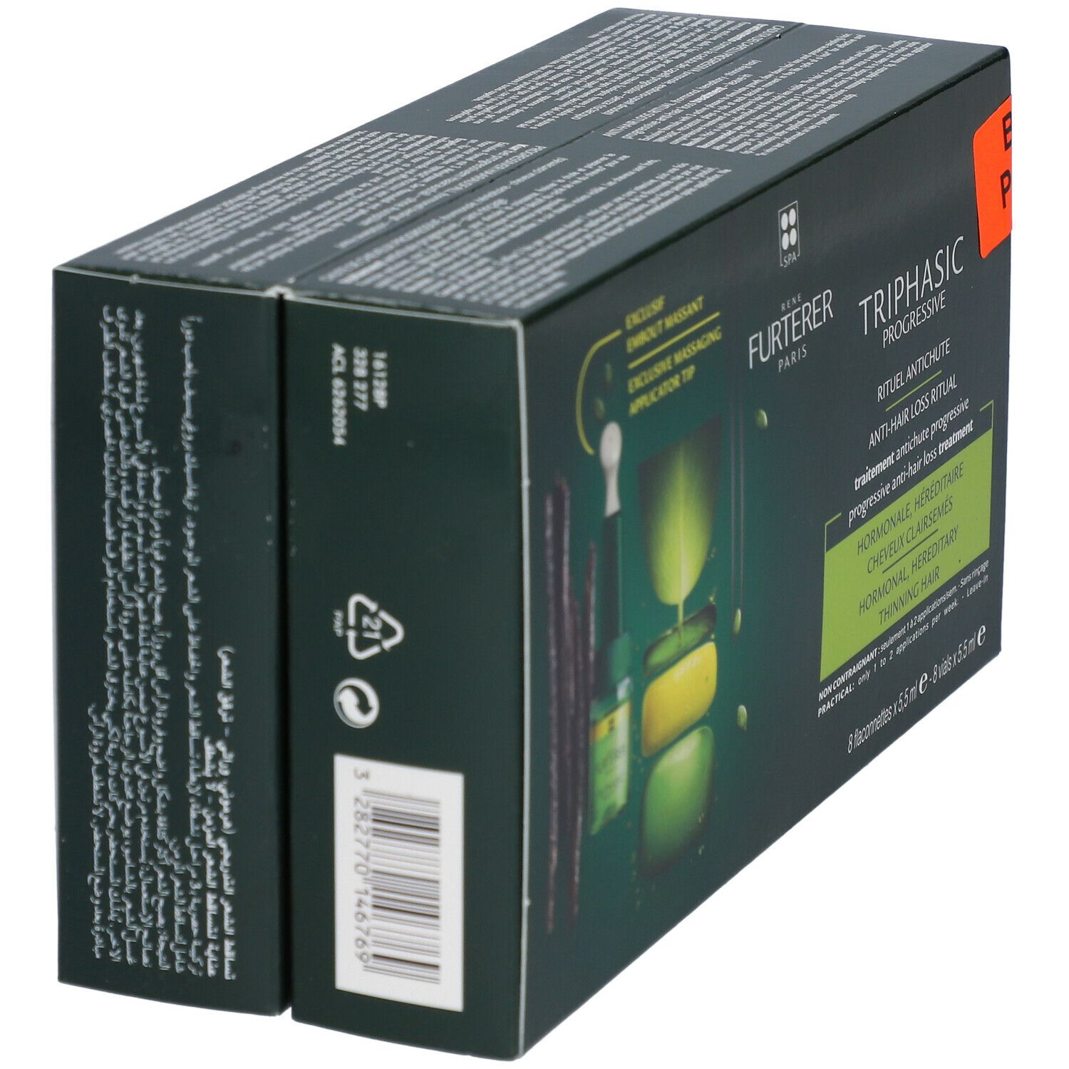 Confezione con immagine e testo del prodotto. Contiene 8 fiale. Marca: RENE FURTERER Triphasic Progressive. Con adesivo.