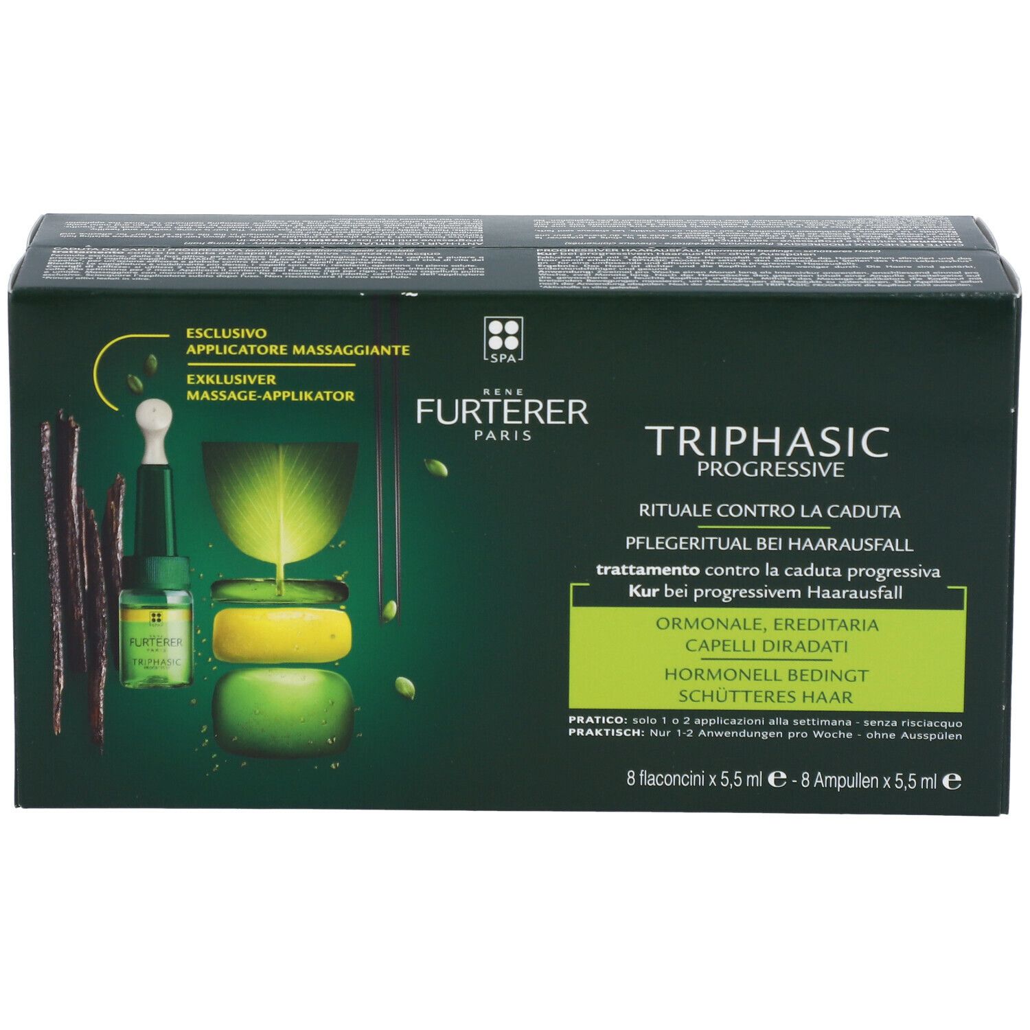 Confezione verde con immagine e testo del prodotto. Contiene 8 fiale. Marca: RENE FURTERER Triphasic Progressive.