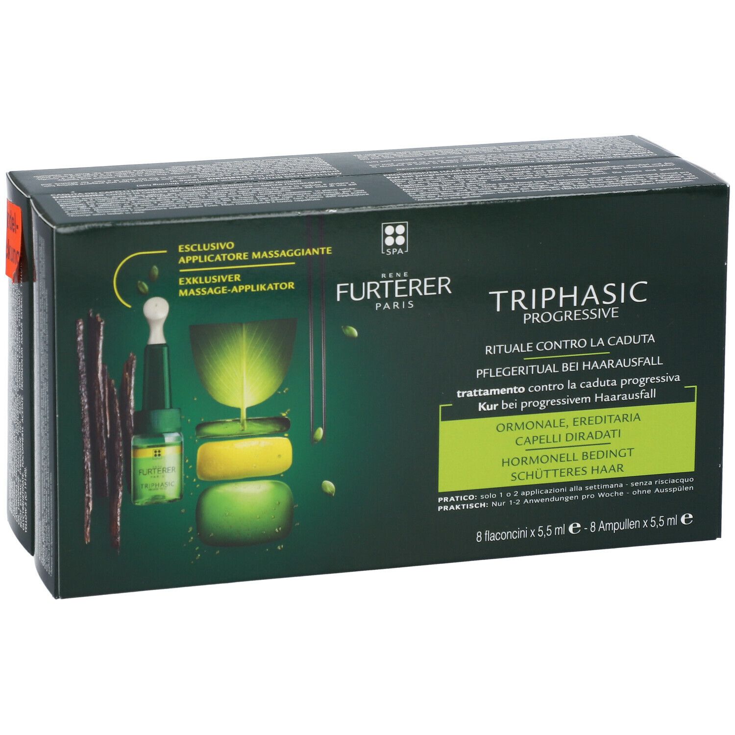 Confezione verde con immagine e testo del prodotto. Contiene 8 fiale. Marca: RENE FURTERER Triphasic Progressive. Con adesivo.