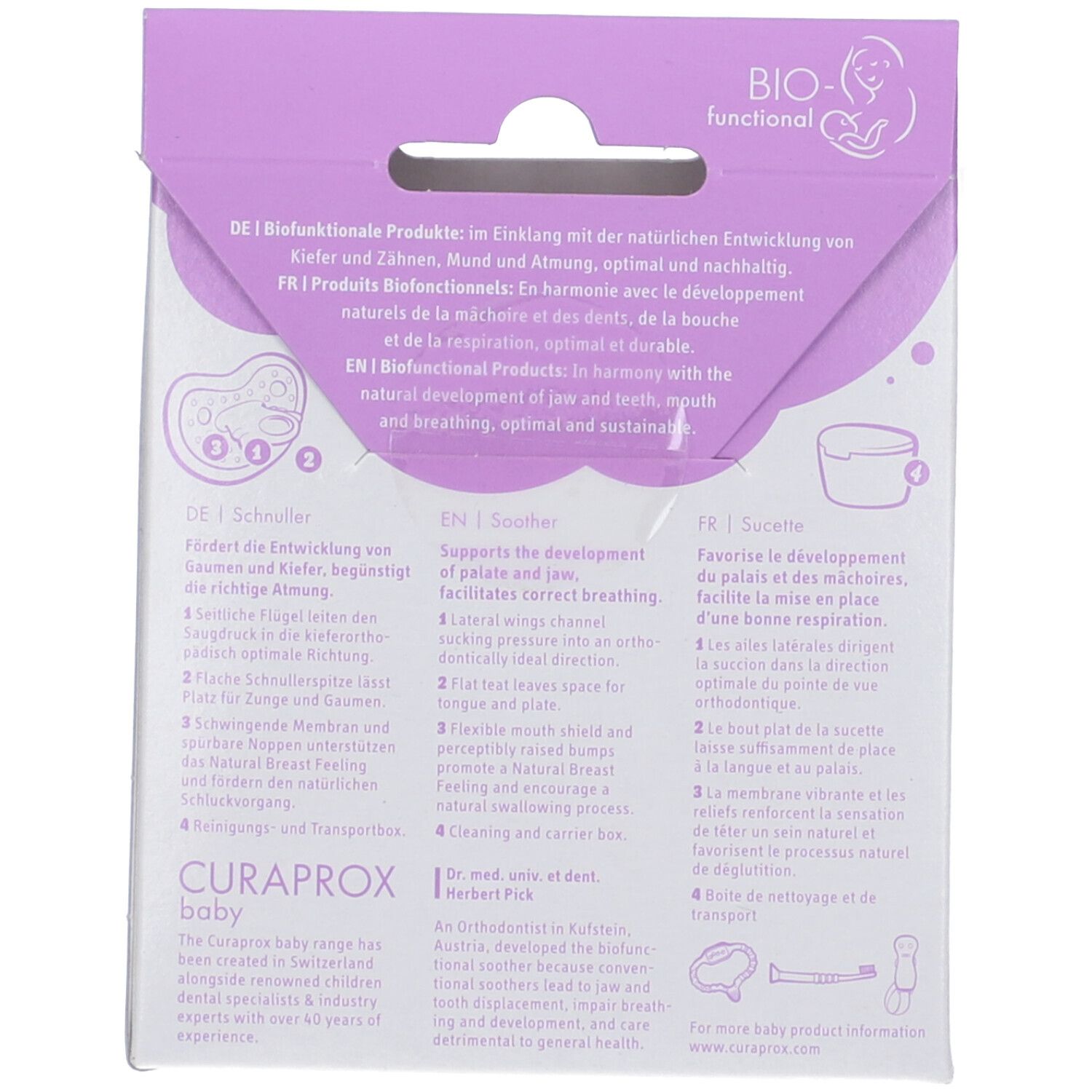 Retro della confezione. Testo: Curaprox Baby, descrizione delle caratteristiche del succhietto. Illustrazioni.