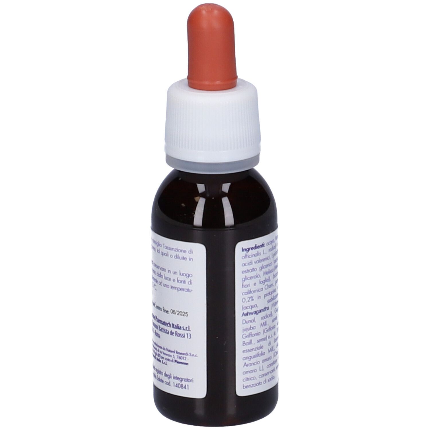 Flacone di vetro marrone con contagocce. Scritta: Biorem. Contiene ingredienti. Informazioni sulla conservazione e il produttore.